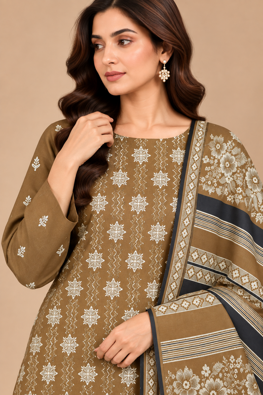 Emerald Green Embroidered Dhanak suit detail with Warm Multani Shawl