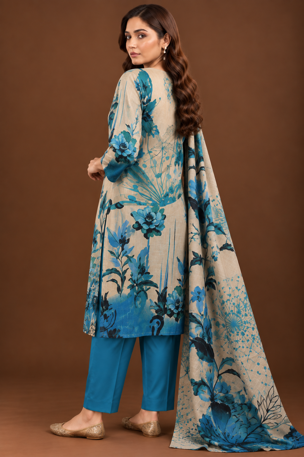 3 piece unstitched teal blue lawn suit with printed dupatta