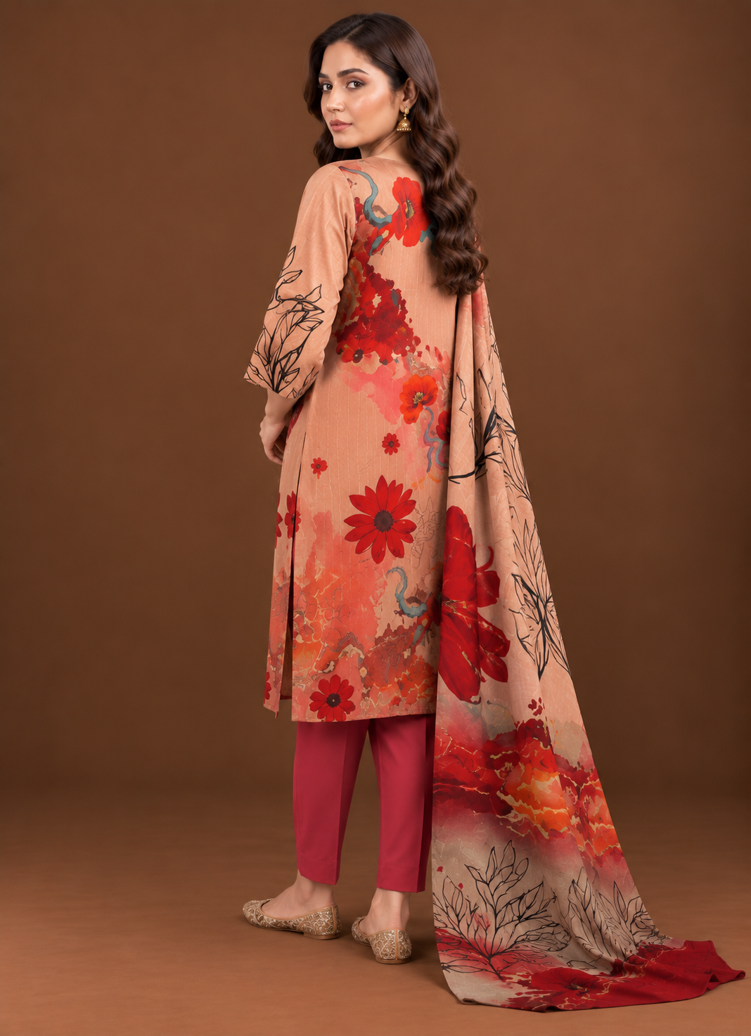 3 piece unstitched coral red lawn suit with printed dupatta