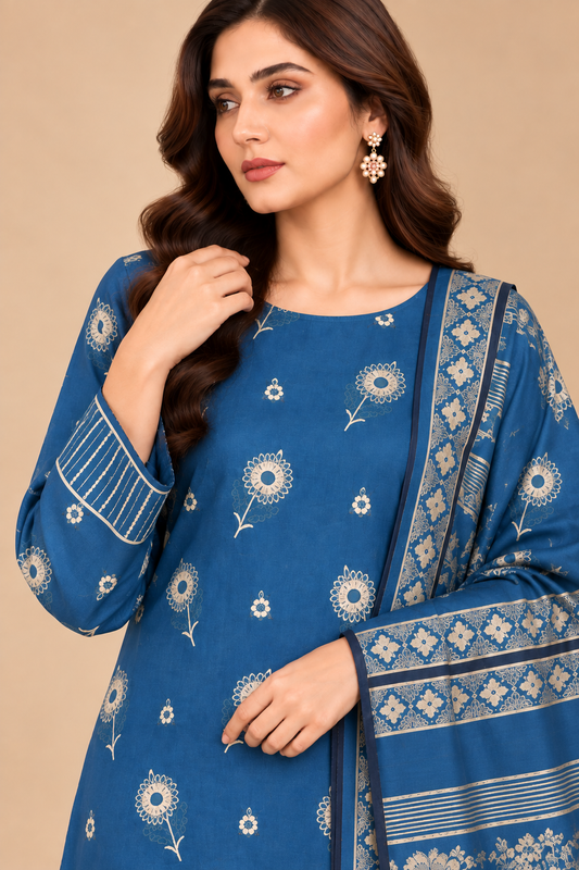 Royal Blue Dhanak winter suit with ivory floral motifs and warm Multani shawl close up