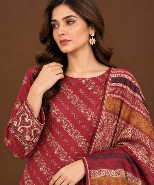 Rust Red Dhanak winter suit with traditional motifs and warm Multani shawl close up