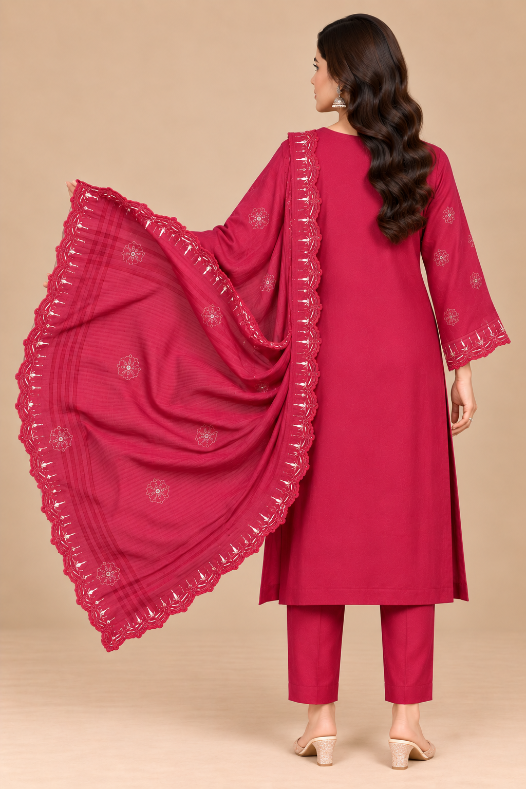 Raspberry pink embroidered lawn suit back design with matching embroidered dupatta