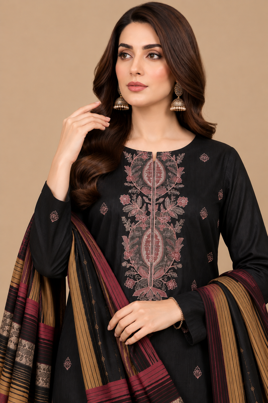 Black Embroidered 3 Piece Unstitched Dhanak Suit