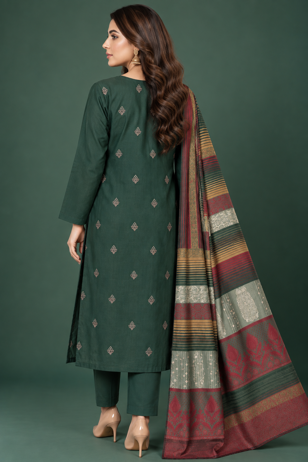Emerald Green 3 Piece Unstitched Dhanak Suit Back View with Multani Shawl