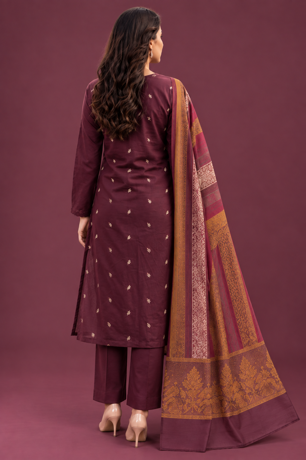 Royal Burgundy 3 Piece Unstitched Dhanak Suit with Warm Multani Shawl back view