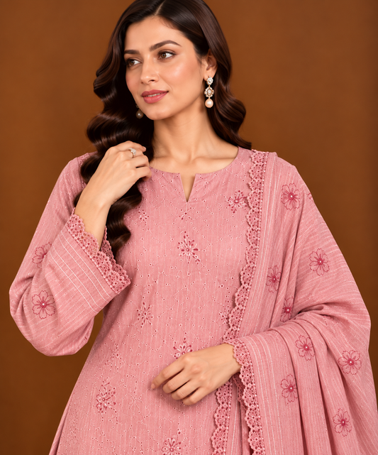 Dusty rose pink embroidered lawn suit floral embroidery close up
