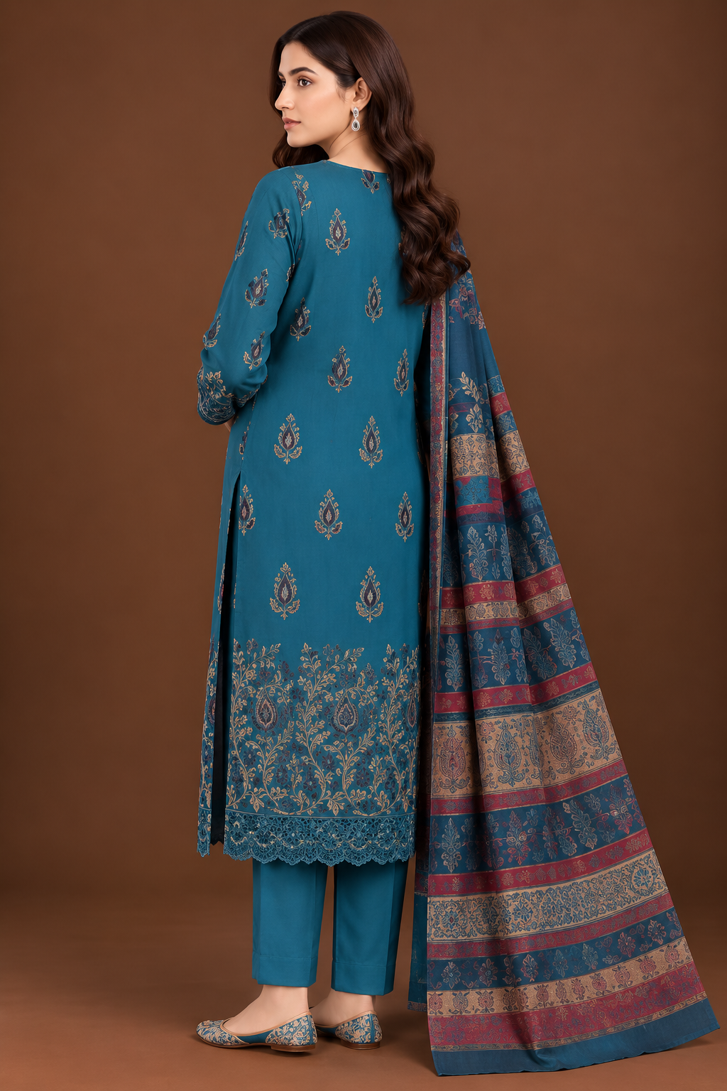 Premium Teal Blue 3-Piece Dhanak Embroidered Suit with Warm Multani Shawl