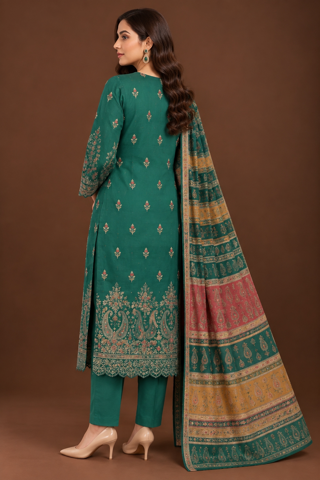 Premium Emerald Green 3-Piece Dhanak Embroidered Suit with Warm Multani Shawl