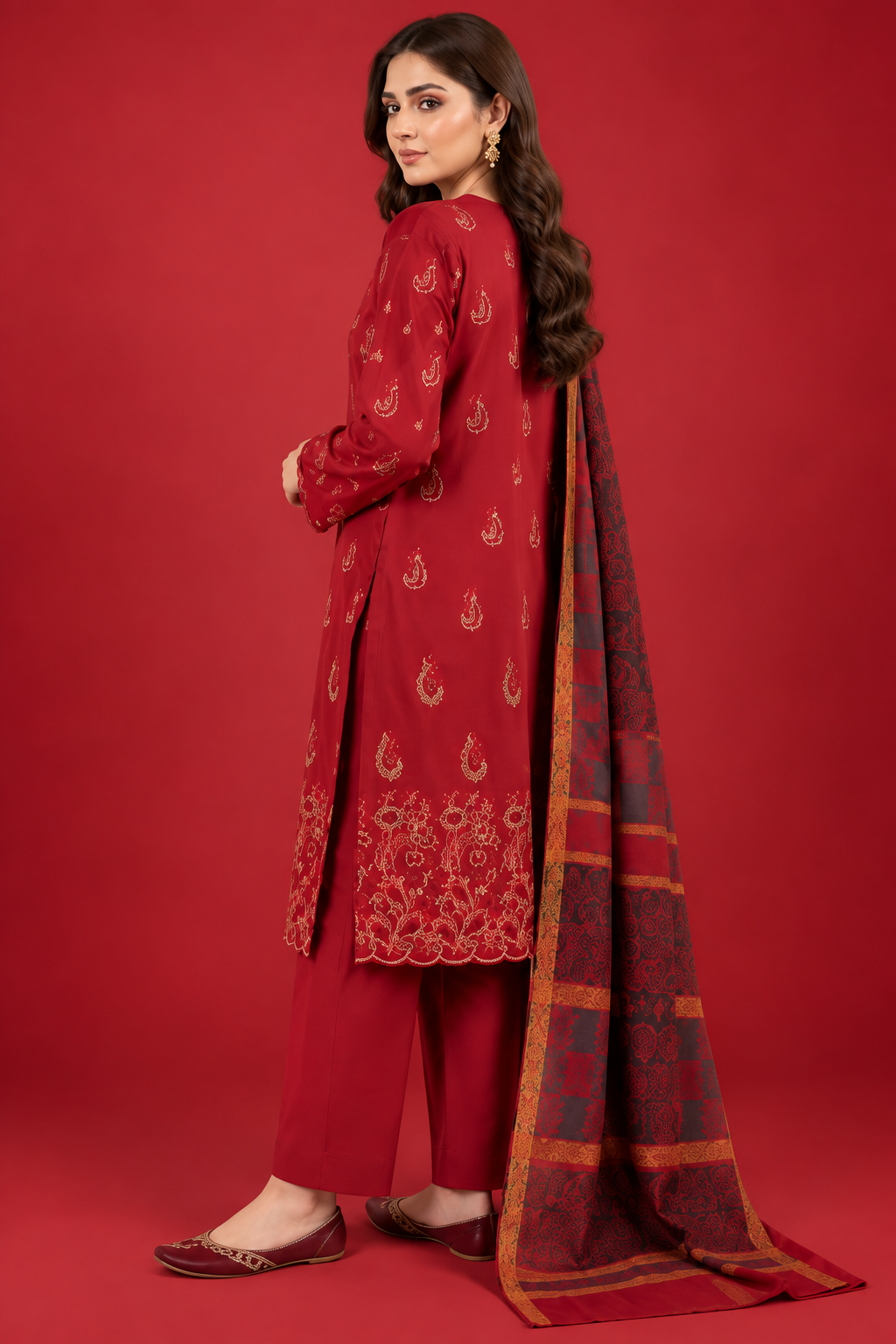 Premium Crimson Red 3-Piece Dhanak Embroidered Suit with Warm Multani Shawl