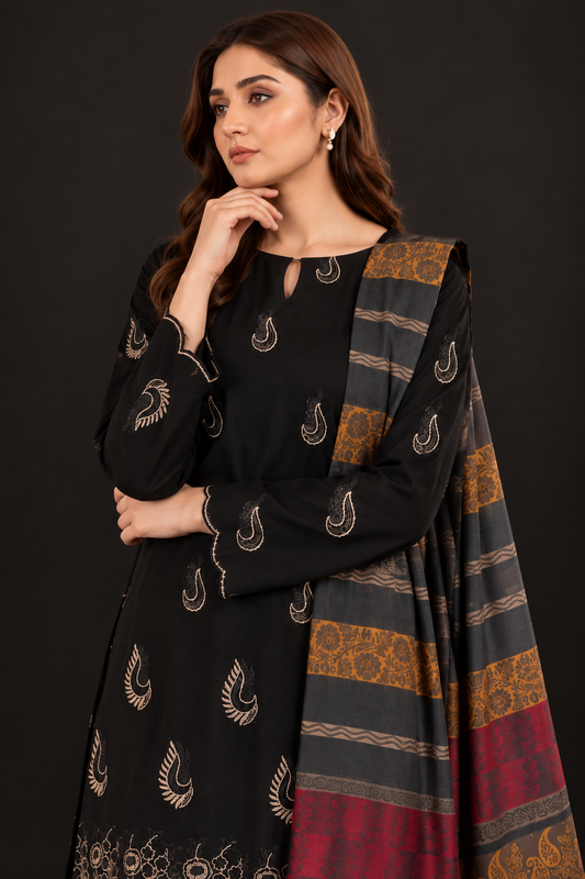 Pakistani 3 piece black Dhanak winter suit