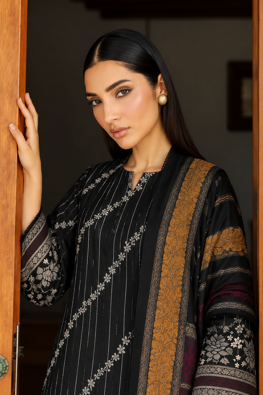 Black Dhanak 3 piece unstitched Pakistani suit close-up of shirt embroidery and sleeve details | Anaya Haram