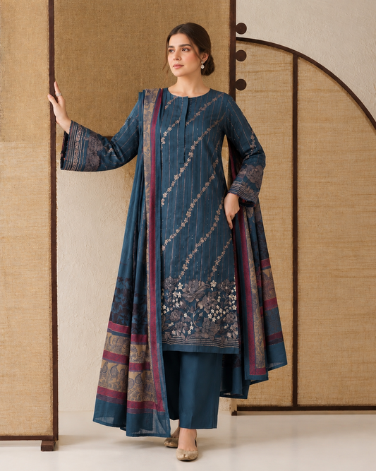 Navy Blue Dhanak 3 piece unstitched Pakistani suit front full length view with dupatta | Anaya Haram