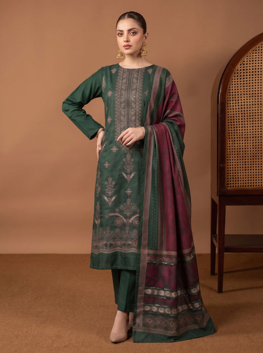 Forest Green embroidered winter Dhanak 3 piece unstitched Pakistani suit – dupatta and embroidery close-up | Anaya Haram