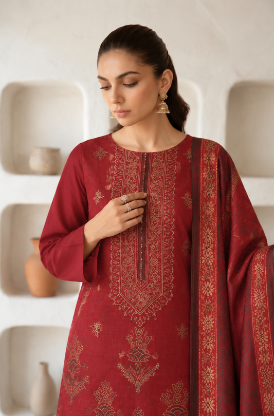 Maroon Red embroidered winter Dhanak 3 piece unstitched Pakistani suit – dupatta and embroidery close-up | Anaya Haram