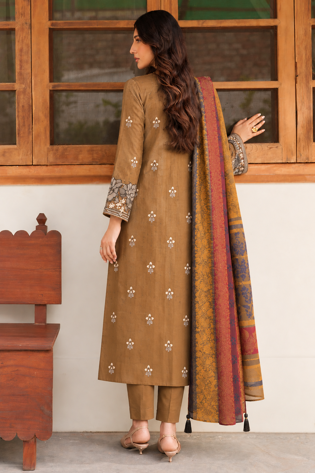 Maroon Red Dhanak 3 piece unstitched Pakistani suit back shirt design and dupatta | Anaya Haram