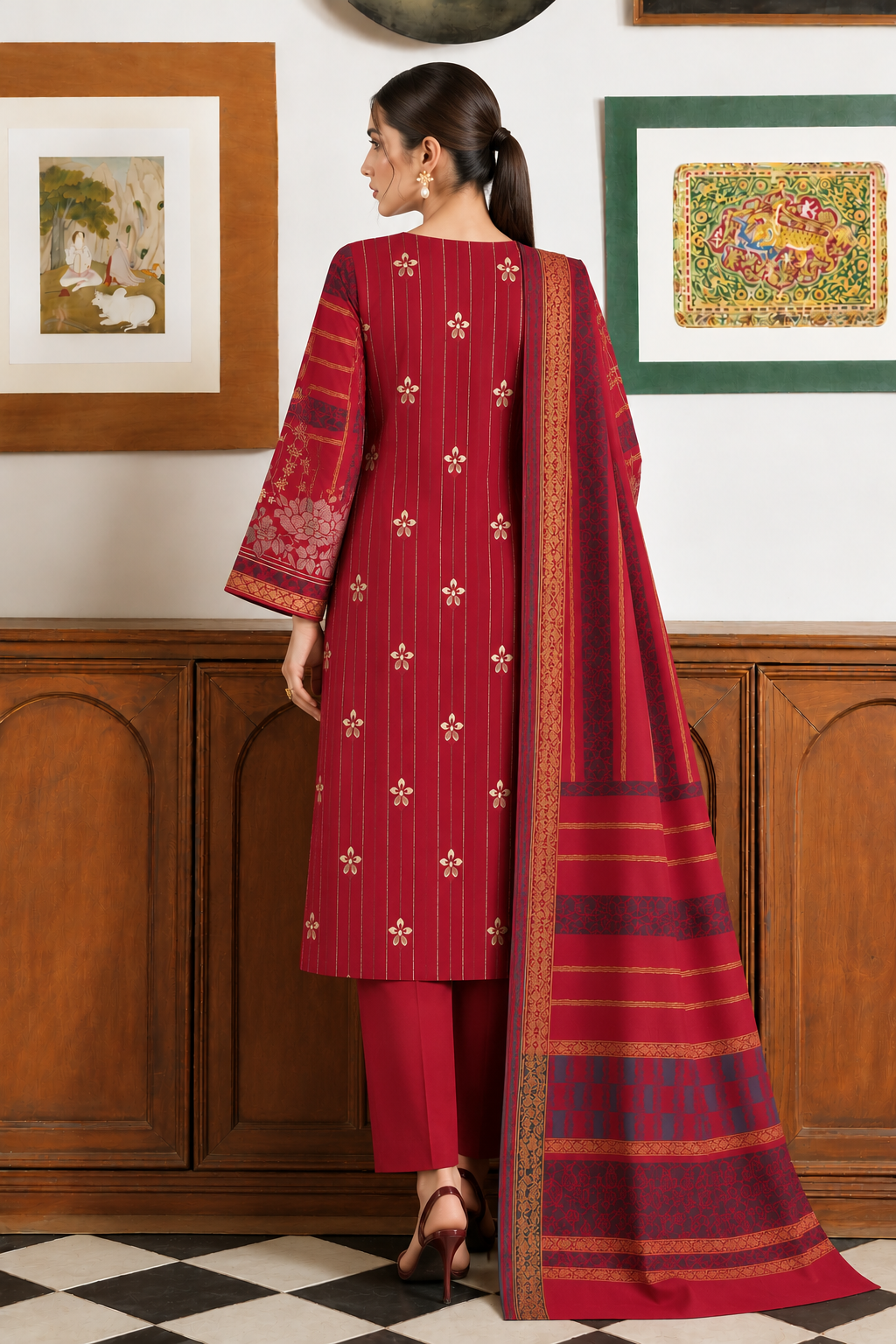 Maroon Red Dhanak 3 piece unstitched Pakistani suit front full length view with dupatta | Anaya Haram