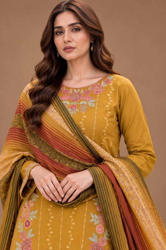Mustard Gold embroidered Dhanak suit floral neckline with Warm Multani Shawl