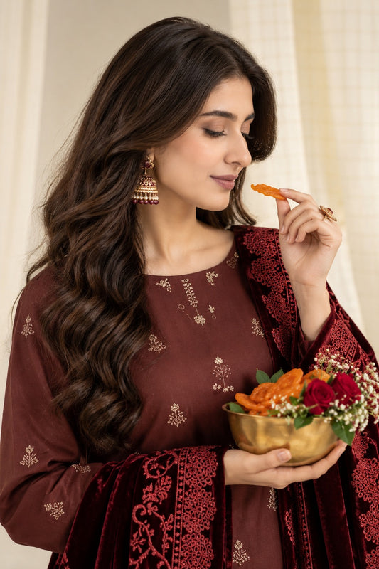 Chocolate Maroon embroidered winter suit with velvet shawl, embroidery and shawl close-up