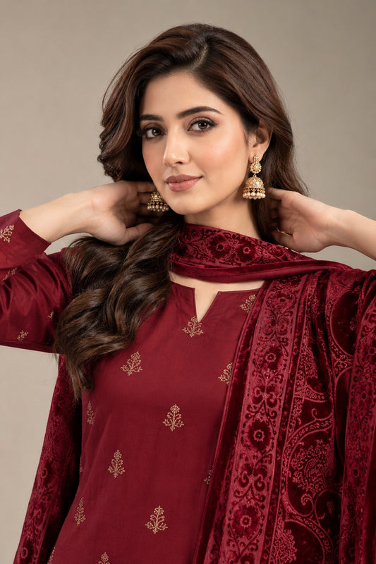 Crimson Maroon embroidered winter suit with velvet shawl, embroidery and shawl close-up