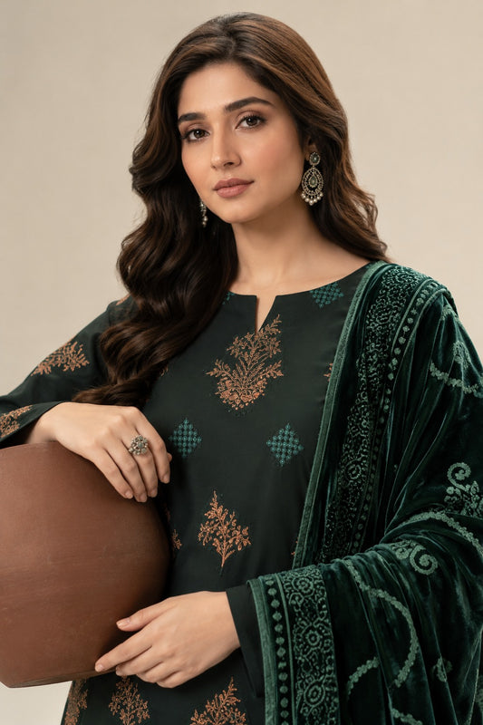 Close-up of dark green suit embroidery and velvet shawl border