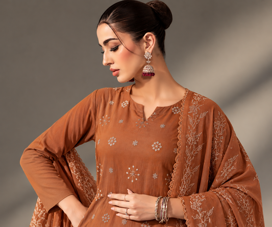Rust Brown winter Dhanak 3 piece unstitched suit front – Anaya Haram