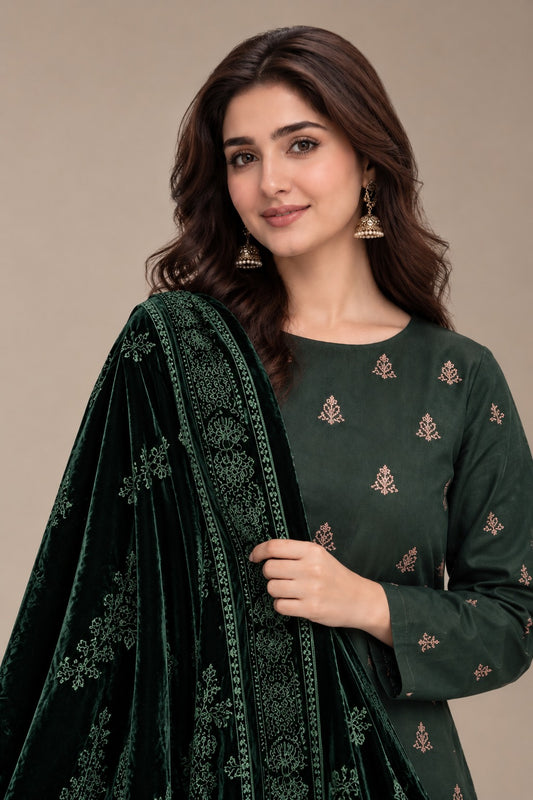 Forest Green embroidered winter suit with velvet shawl, embroidery and shawl close-up