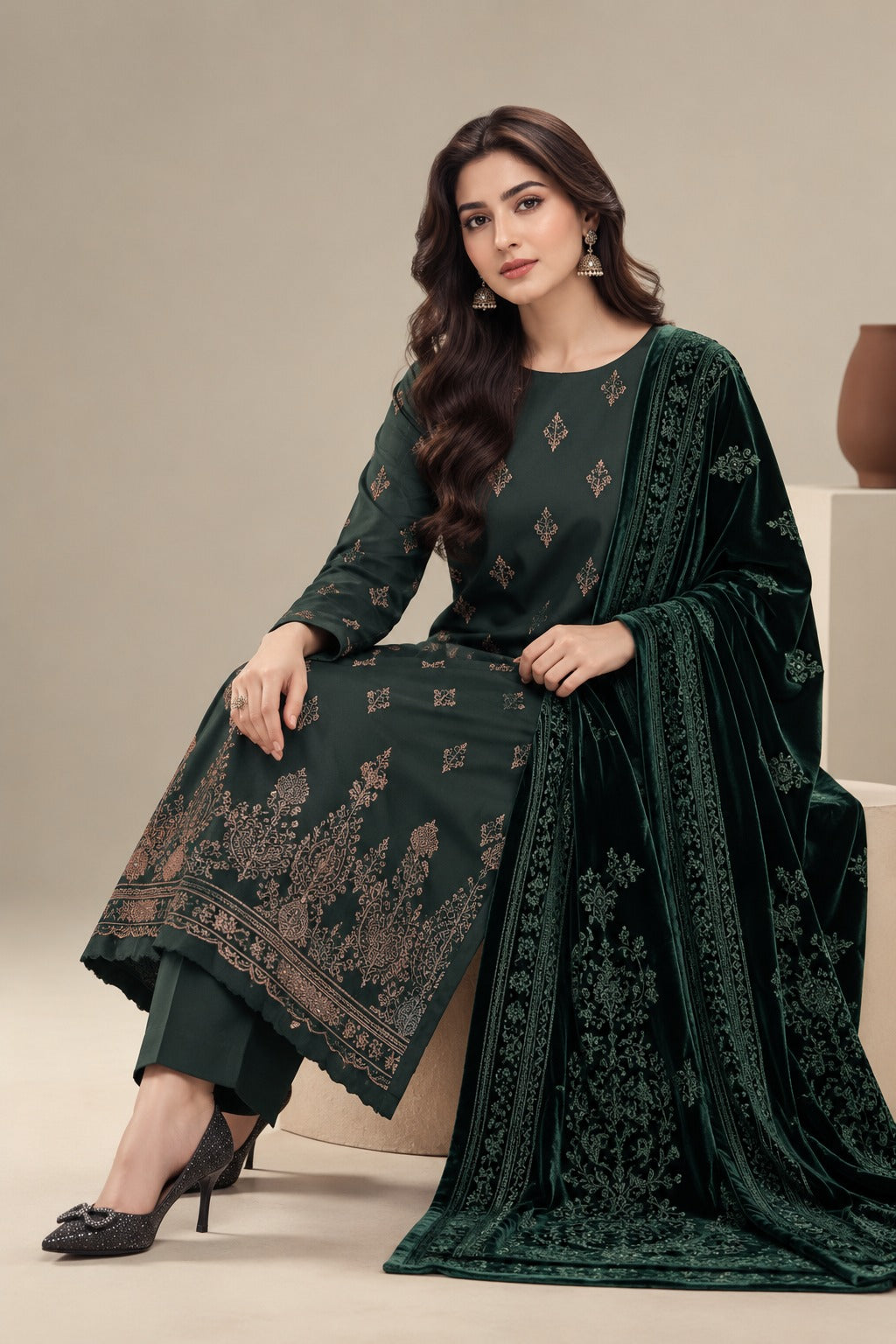 Forest Green embroidered winter suit with velvet shawl, seated view styled on a model