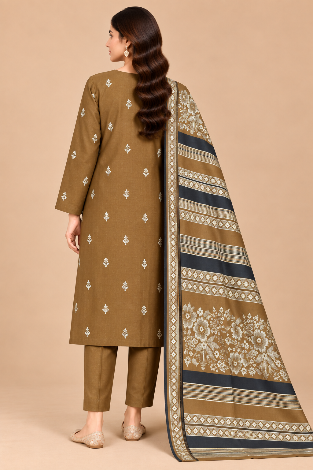 Camel Brown women's unstitched Dhanak suit with warm Multani shawl back view