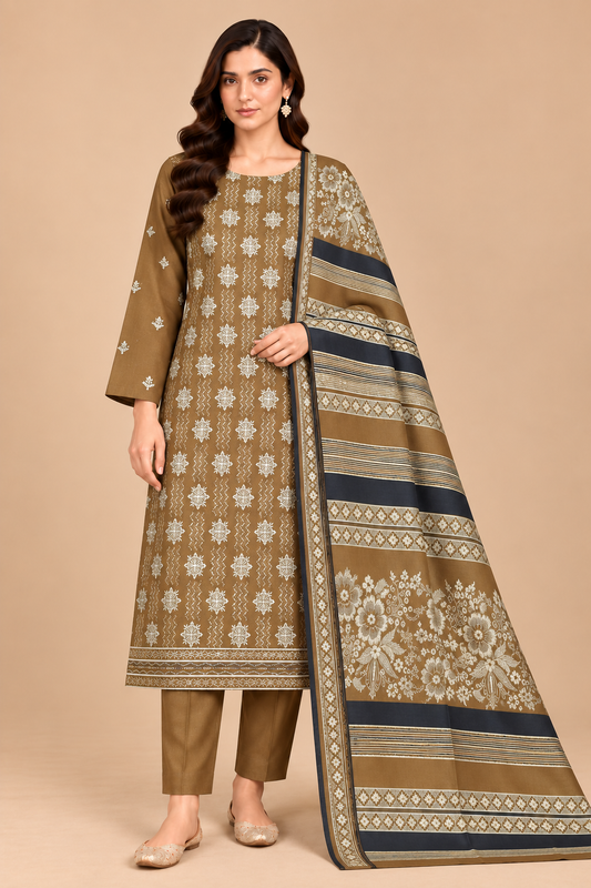 Camel Brown Floral 3 Piece Unstitched Dhanak Suit with Multani Shawl front view