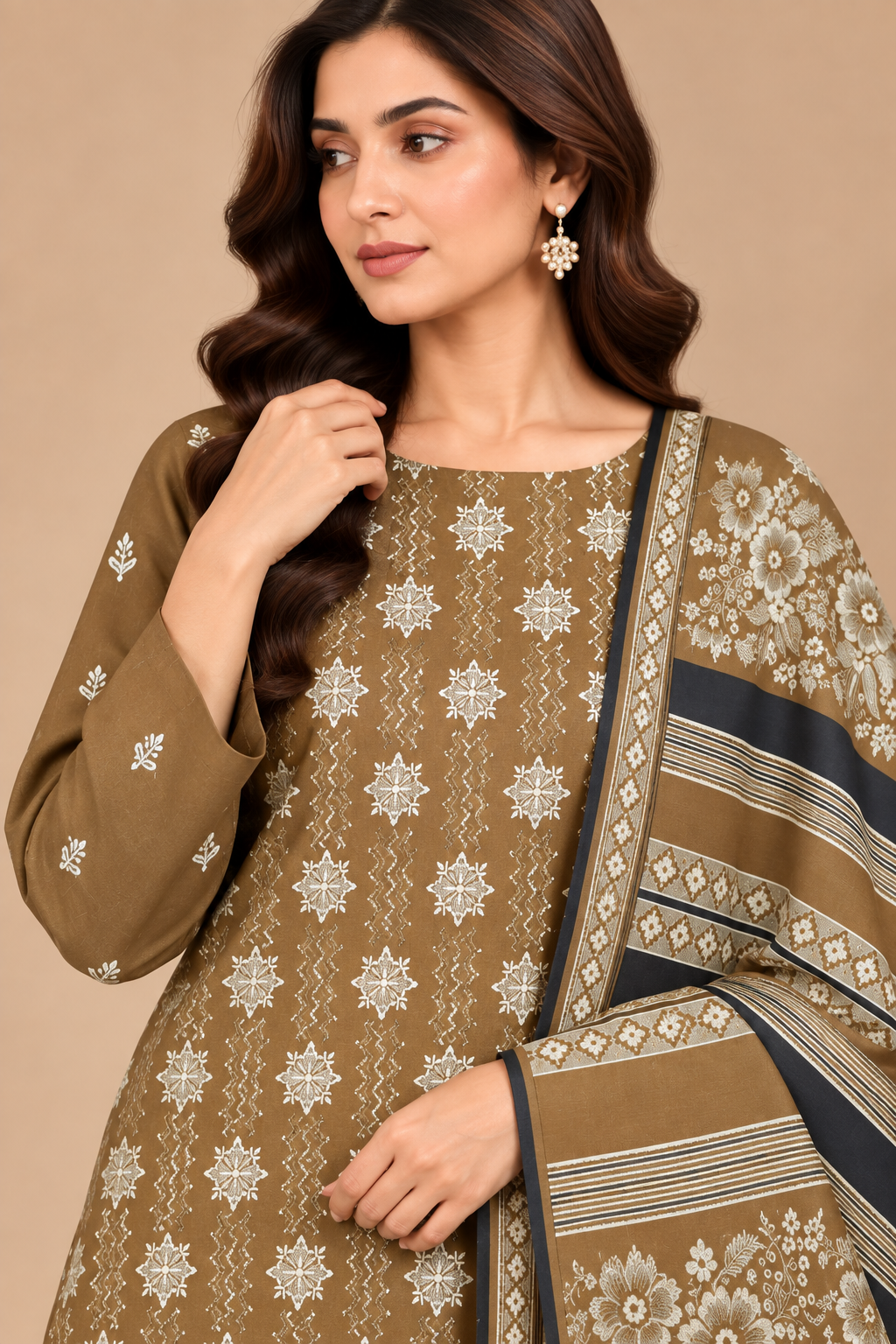Emerald Green Embroidered Dhanak suit detail with Warm Multani Shawl