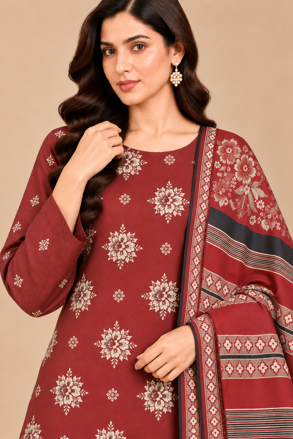 Deep Red Dhanak winter suit with ivory floral motifs and traditional Multani shawl close up