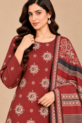 Deep Red Dhanak winter suit with ivory floral motifs and traditional Multani shawl close up