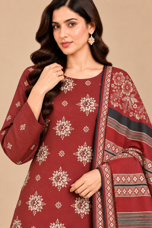 Deep Red Dhanak winter suit with ivory floral motifs and traditional Multani shawl close up