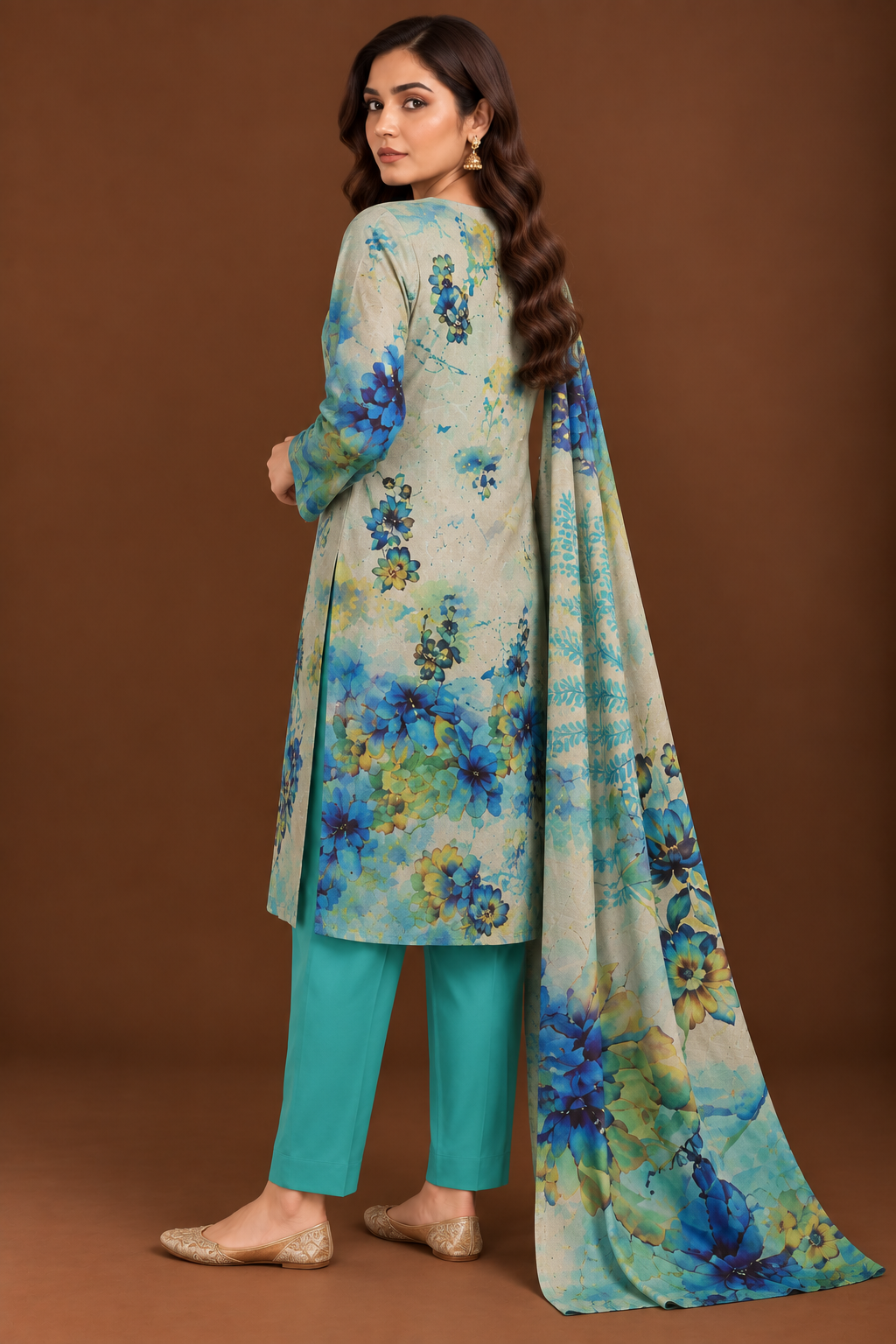 3 piece unstitched aqua blue lawn suit with printed dupatta
