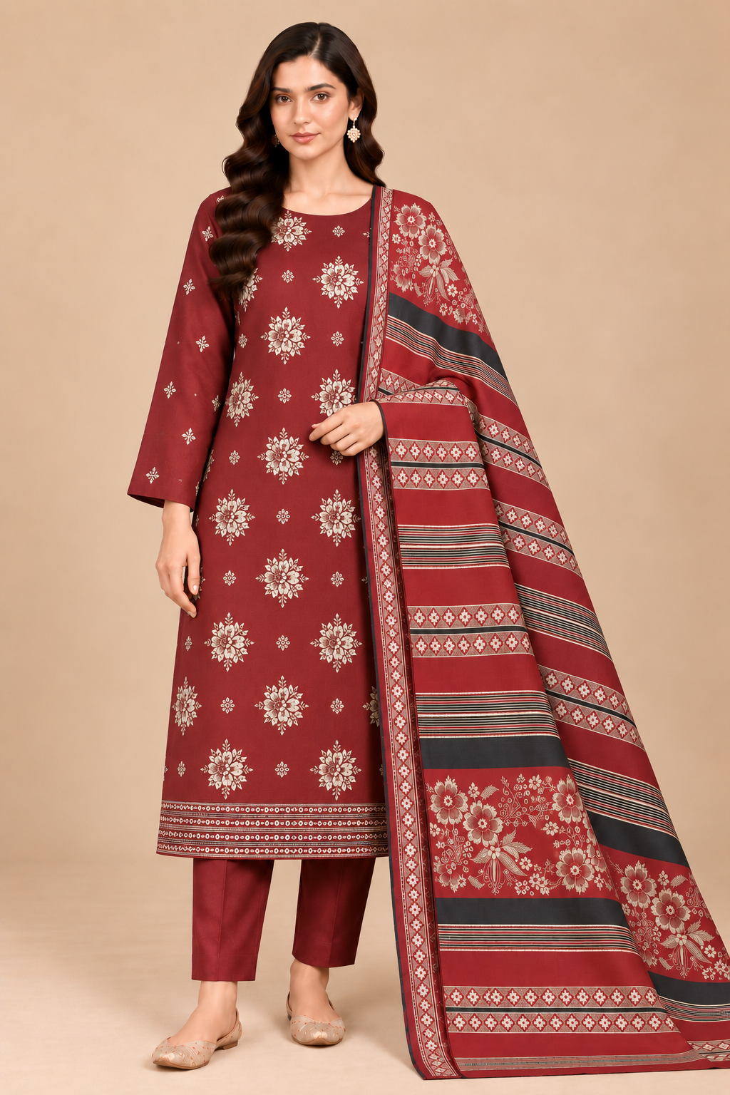 Deep Red Floral 3 Piece Unstitched Dhanak Suit with warm Multani Shawl front view
