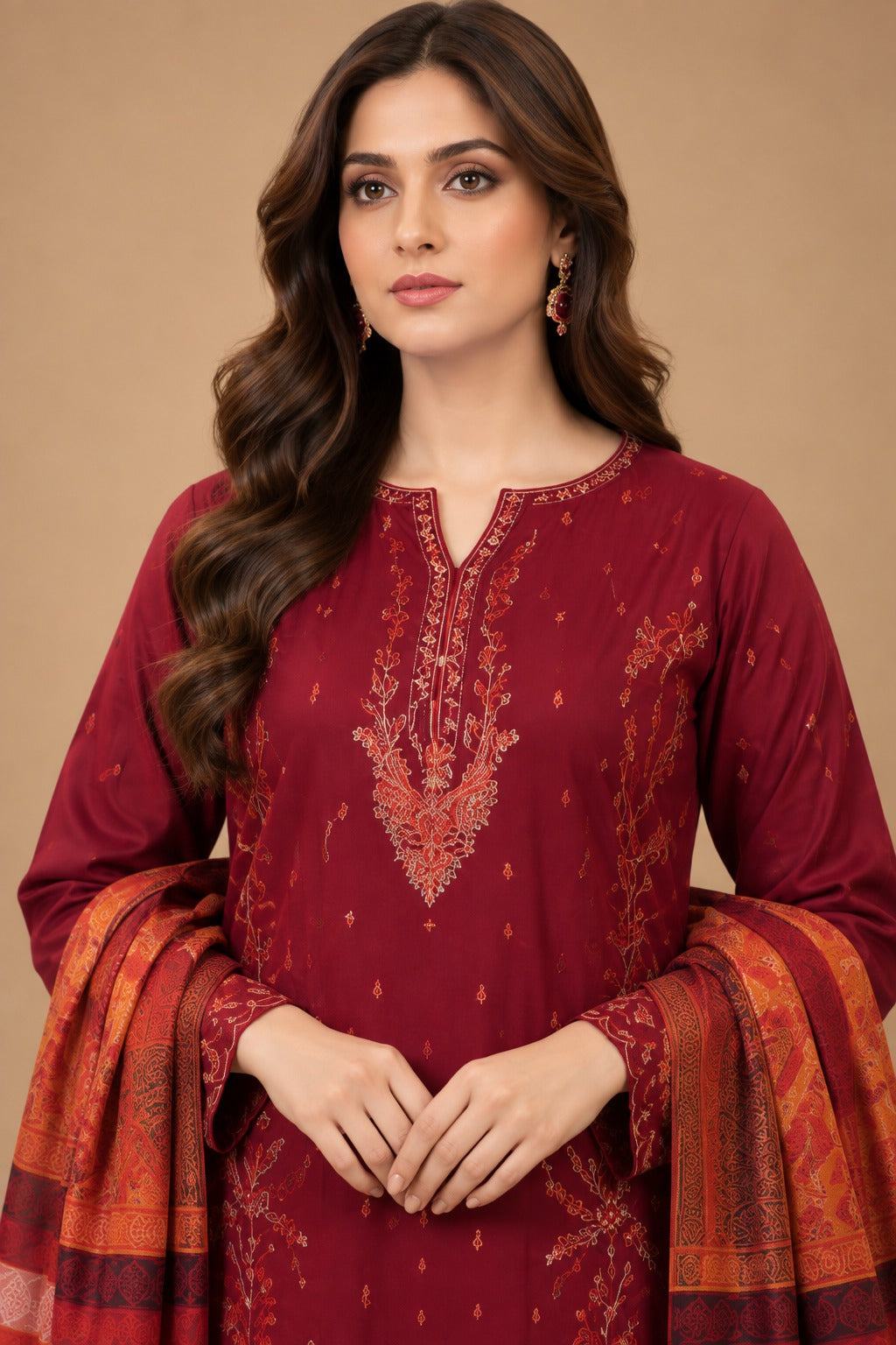 Maroon embroidered Dhanak suit neckline detail with Warm Multani Shawl