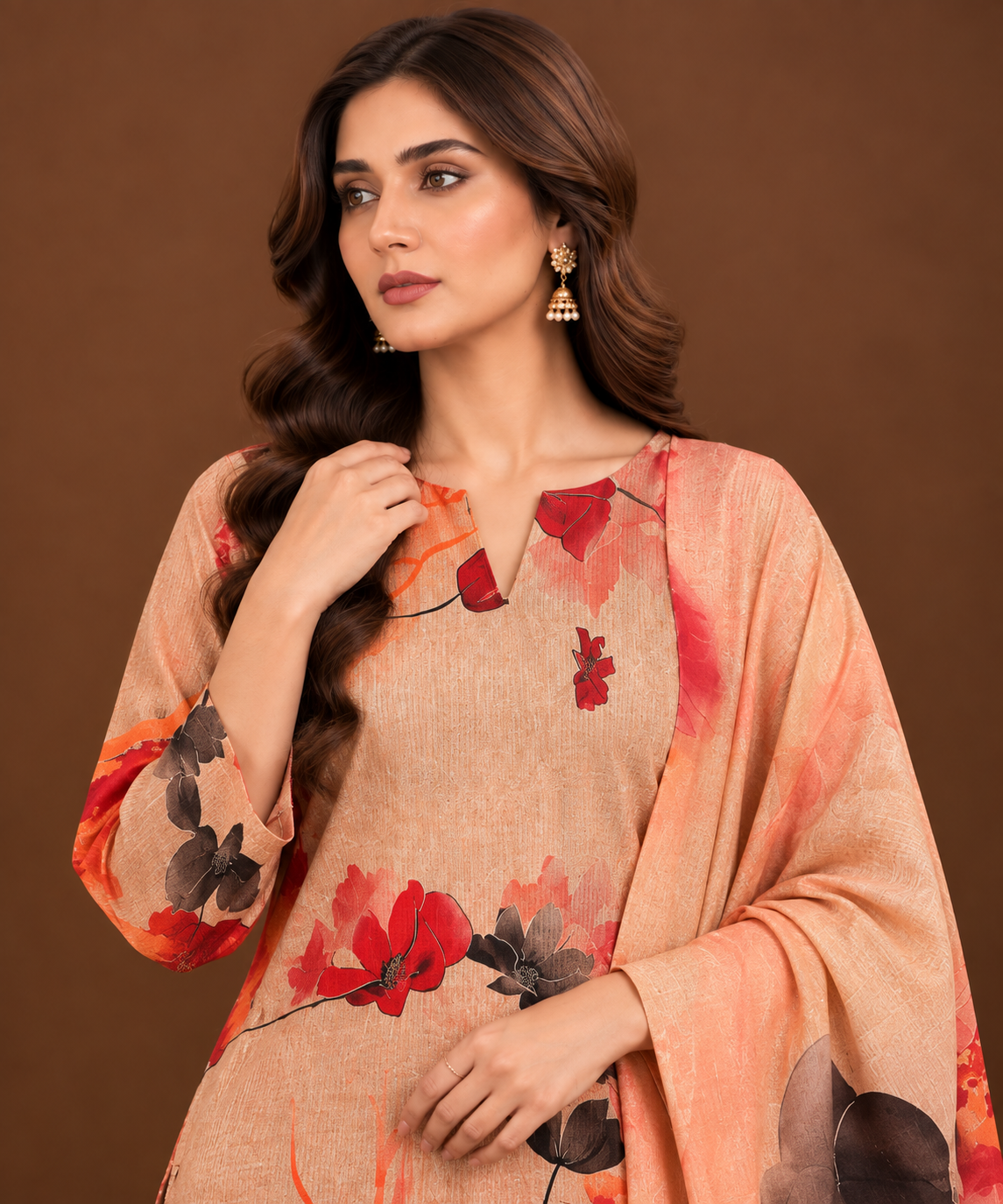 Peach multicolor floral printed Pakistani lawn suit