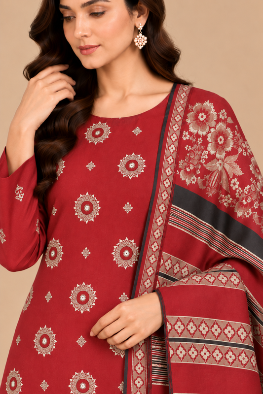 Crimson Red Medallion Dhanak suit ivory motif detail with Warm Multani Shawl