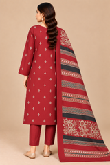 Crimson Red women's unstitched Dhanak suit with traditional Multani shawl back view