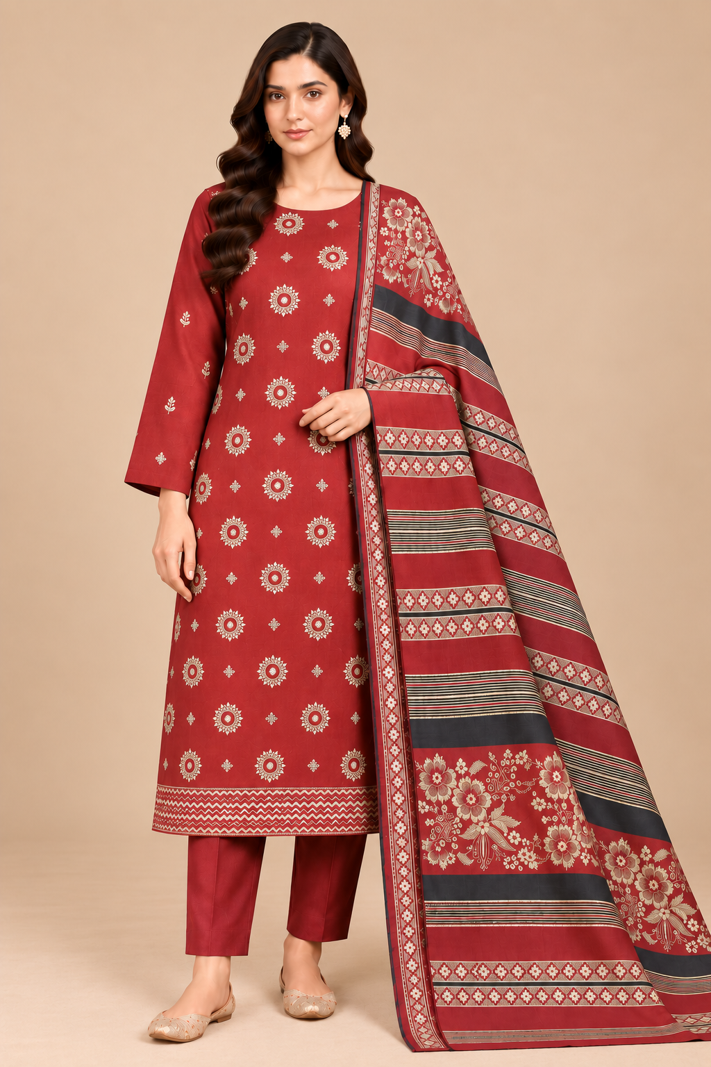 Crimson Red Medallion 3 Piece Unstitched Dhanak Suit with Multani Shawl front view