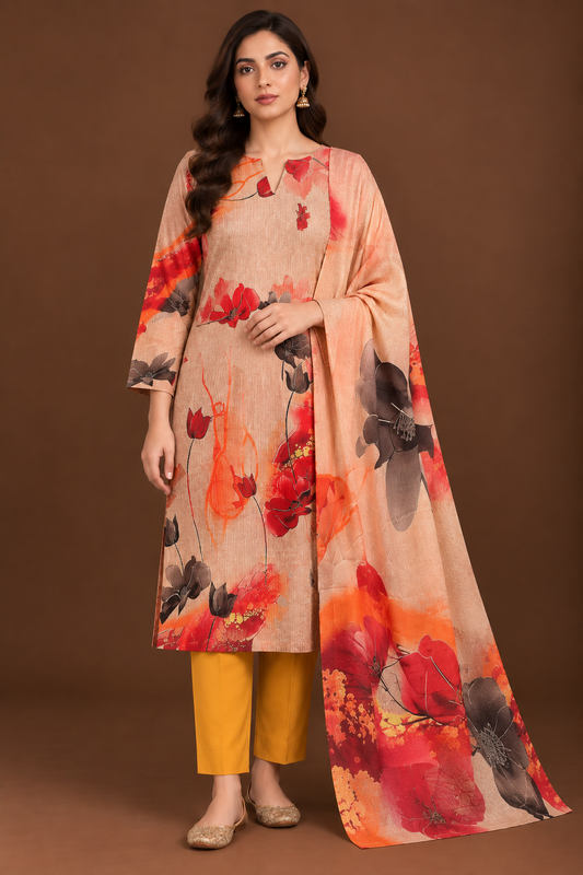 Peach floral 3 piece unstitched printed lawn suit for women