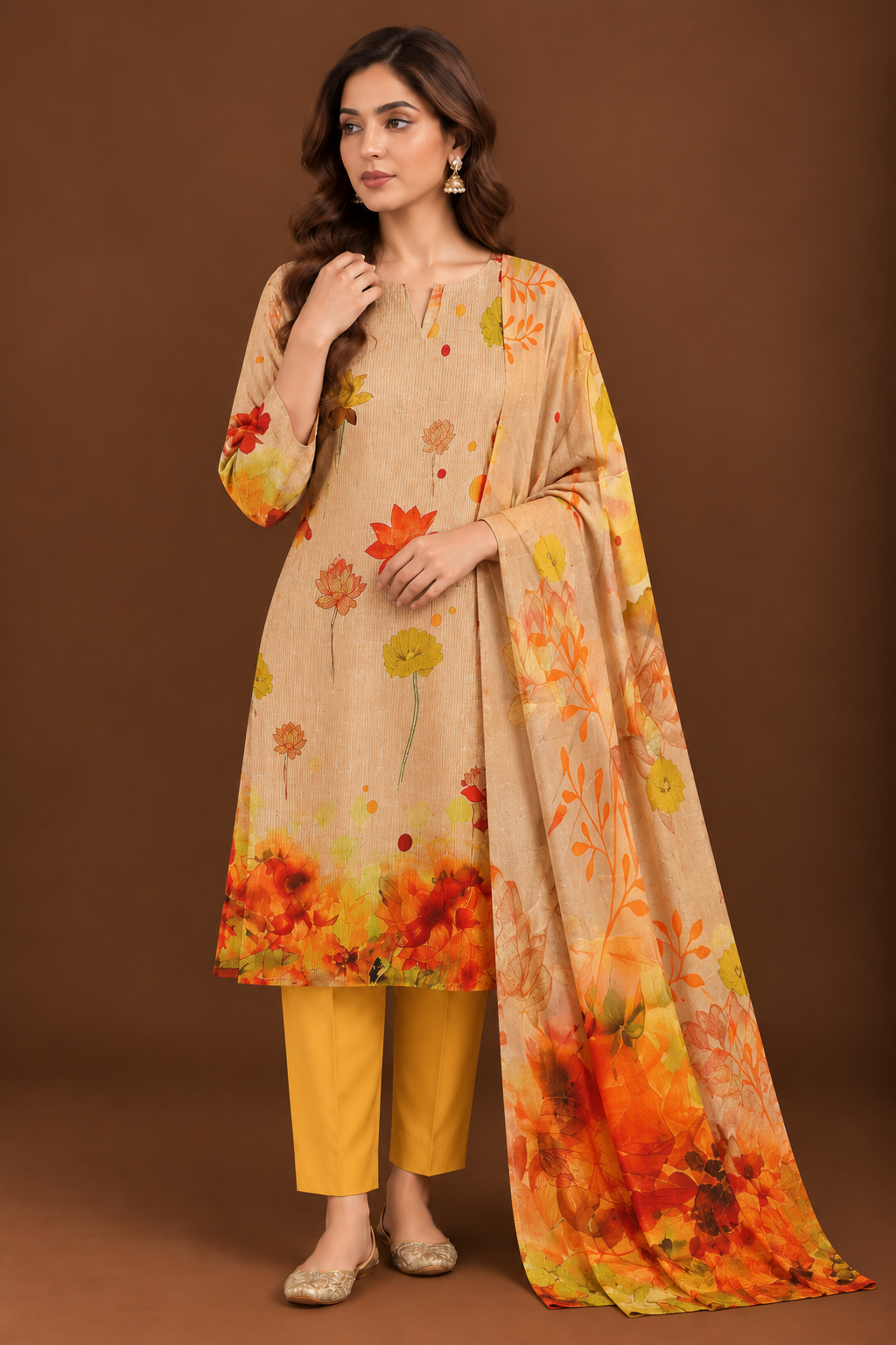 Beige floral 3 piece unstitched printed lawn suit for women