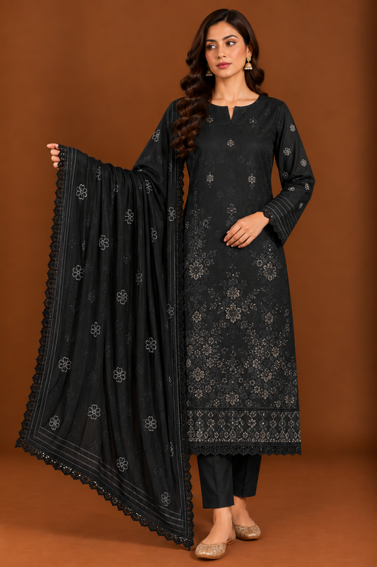 Black luxury embroidered lawn 3 piece unstitched suit with matching dupatta