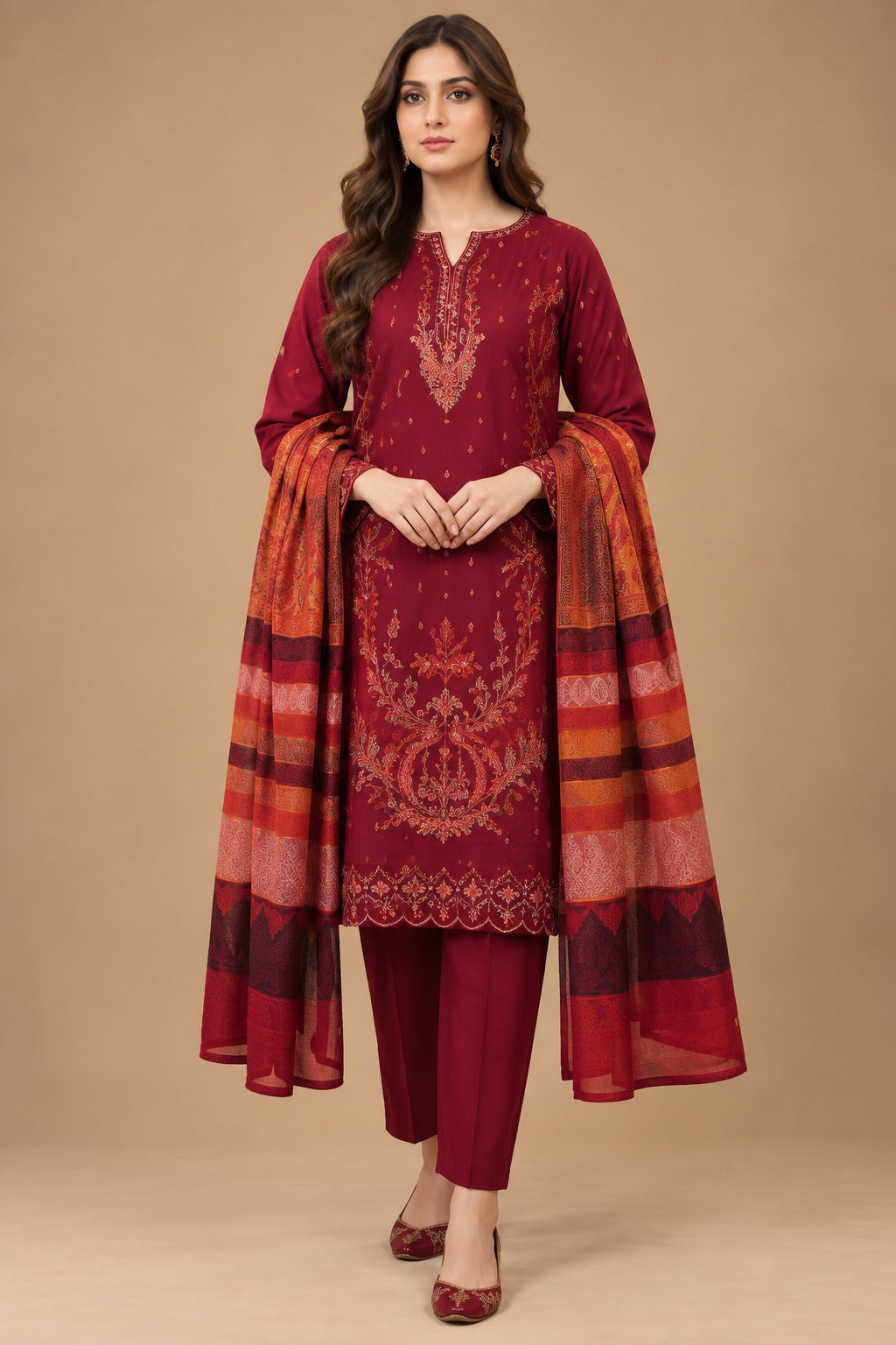 Maroon Embroidered 3 Piece Unstitched Dhanak Suit with Warm Multani Shawl front view
