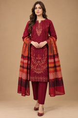 Maroon Embroidered 3 Piece Unstitched Dhanak Suit with Warm Multani Shawl front view