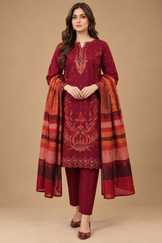 Maroon Embroidered 3 Piece Unstitched Dhanak Suit with Warm Multani Shawl front view