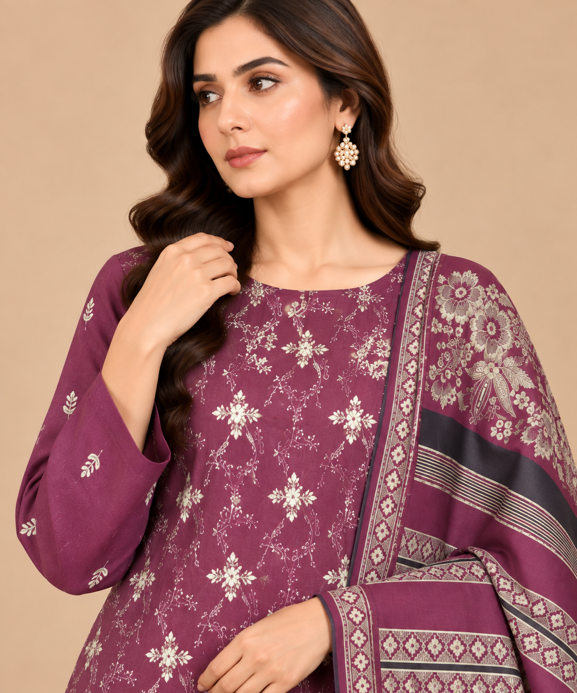 Plum Purple Dhanak winter suit with ivory floral motifs and Multani shawl close up