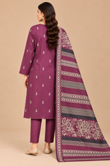Plum Purple 3 Piece Unstitched Dhanak Suit with traditional Multani shawl back view