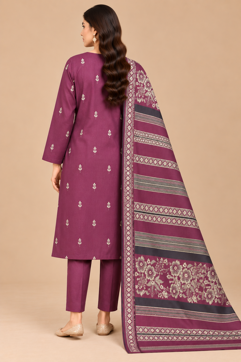 Plum Purple 3 Piece Unstitched Dhanak Suit with traditional Multani shawl back view