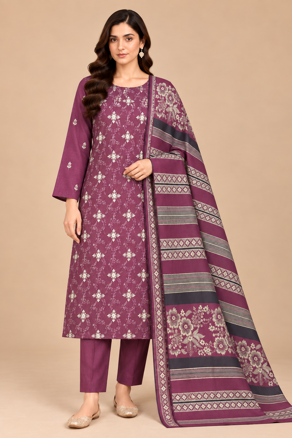 Plum Purple 3 Piece Unstitched Dhanak Suit with Warm Multani Shawl front view
